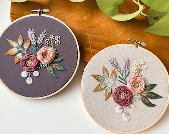 Embroidery Kit Dreamy Florals with Heat Erasable Stamped Pattern on Fabric and Video Tutorial