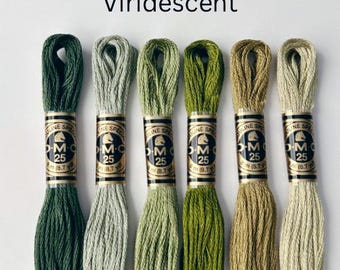 Viridescent DMC Thread Palette, 6 Skeins Cotton Embroidery Floss, 6 ply Cotton Thread, Greens