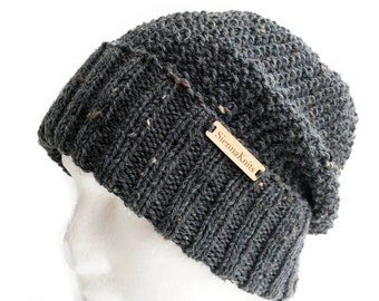 Handmade Wool Knit Beanie: Speckled Grey Winter Hat with Foldable Brim