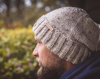 Handmade Wool Knit Beanie: Beige Speckled Winter Hat