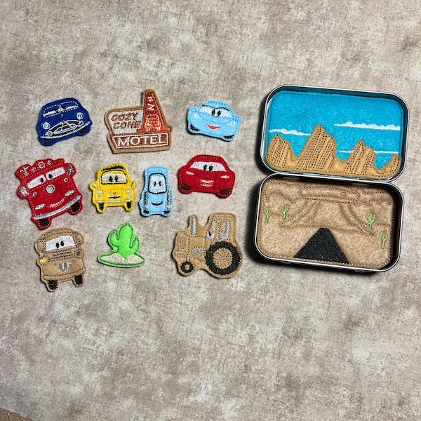 Felt cars Playset with Mint Tin – Hand-Cut Embroidery Toy. Please also check out our carry bag that has the same exact play pieces