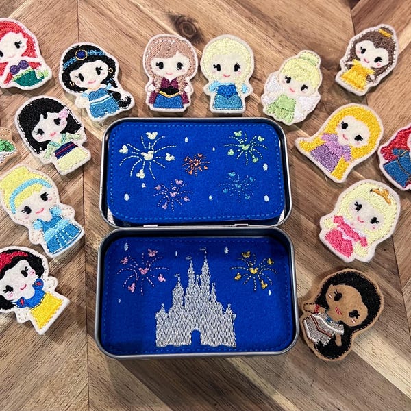 Updated! We went from 9 to 14 of your favorite princesses! Princess MK fireworks Playset in mint tin – Travel Toy.