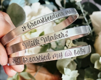 Hand Stamped Aluminum Breastfeeding Cuff Bracelet: Rainbow Baby, Milk Maker