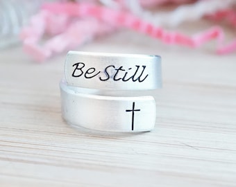 Be Still Wrap Ring - Gifts for Her - Religious Jewelry - Be Still and Know - Cross Ring - Gifts for Women - Hand Stamped Silver Wrap Rings