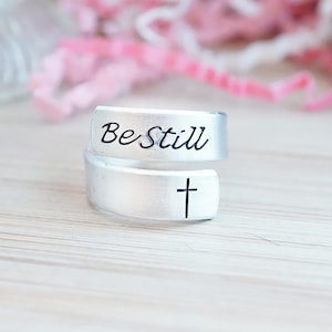 Hand Stamped Aluminum Wrap Ring: &quot;Be Still&quot; with Cross