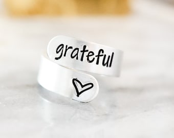 Grateful Adjustable Wrap Ring - Grateful Thankful Blessed - Gifts for Her - Silver Ring - Gift for Mom - Women - Jewelry for Her - Gift Idea