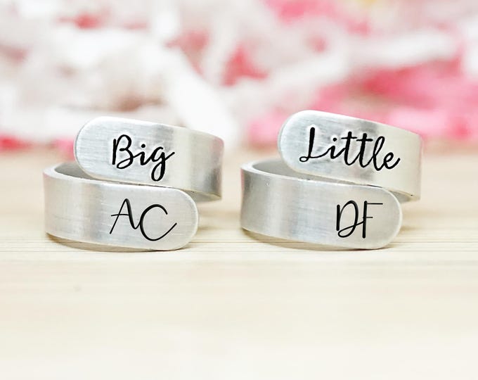 Big Little Wrap Ring Set - Big Little Sorority - Bid Day Jewelry - Sorority Gift Ideas - Big Little Gift - Hand Stamped Silver Wrap Rings