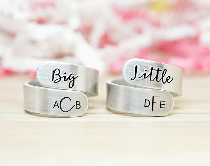 Big Little Wrap Ring Set - Big Little Sorority - Bid Day Jewelry - Sorority Gift Ideas - Big Little Gift - Hand Stamped Silver Wrap Rings