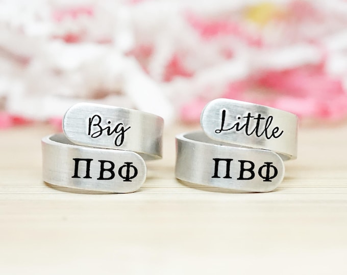 Pi Beta Phi Big Little Wrap Ring Set - ΠΒΦ Big Little Sorority - Official Licensed Product - Pi Phi Big Little Reveal - Hand Stamped Rings
