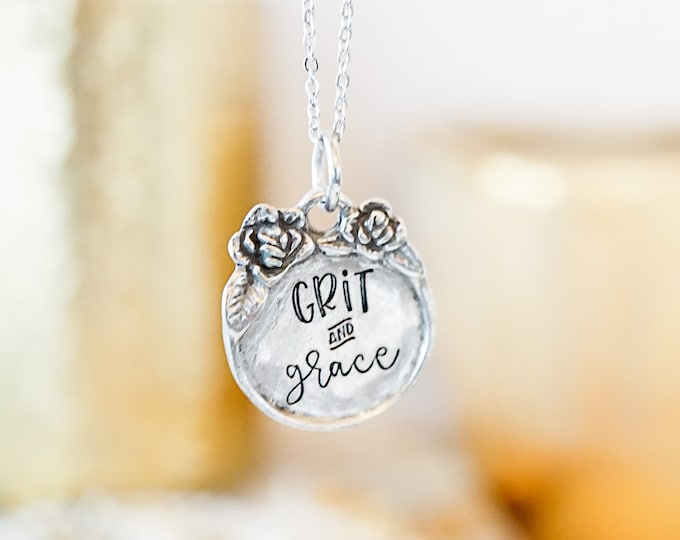 Grit and Grace Floral Pewter Necklace - Inspirational Jewelry - Gifts for Her - Gifts for Women - Dainty Necklace - Hand Stamped Quotes