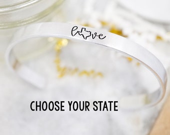 Love State Cuff Bracelet - You Choose the Date - Texas Love Cuff Bracelet - State Pride - Adjustable Aluminum Cuff Bracelet - Hand Stamped