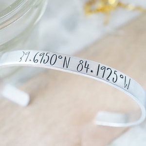 Custom Coordinates Cuff Bracelet - Latitude Longitude - Location Jewelry - Coordinates - Best Friends - Silver Tone Hand Stamped Cuff