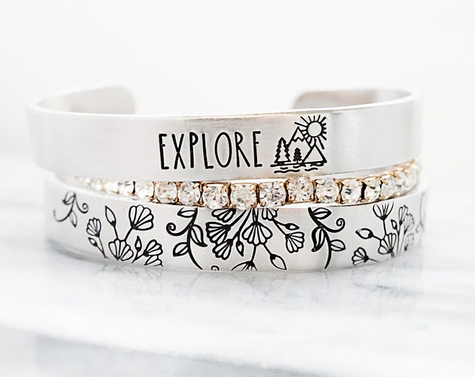 Explore Mountainscape Cuff Bracelet - Floral Cuff Bracelet - Gifts for Her - Hiking - Mountain Range - Stacking Jewelry - Accent Jewelry