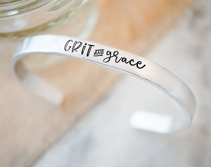 Grit and Grace Cuff Bracelet - Entrepreneur Jewelry - Gifts for Her - Gifts for Women - Inspirational Gift Ideas - Motivational - Silvertone