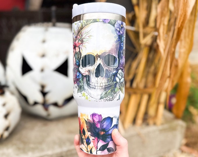 Floral Skull 40oz Tumbler - 40oz Stainless Steel Tumbler - Straw Included - Halloween Spooky Skull Drinkware