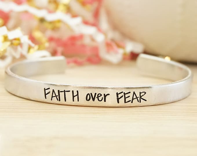 Faith Over Fear Cuff Bracelet - Bible Jewelry - Religious Jewelry - Religious Bracelet - Faith Jewelry - Silver Hand Stamped Cuff