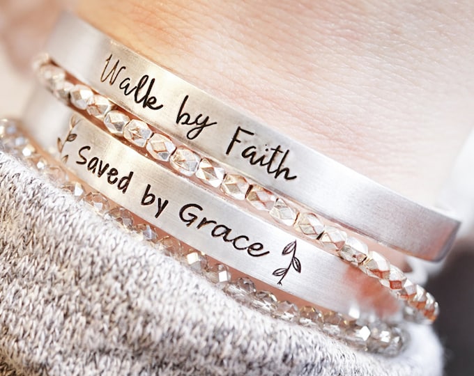 Religious Cuff Bracelet - Saved by Grace - Walk by Faith - Faith Jewelry - Baptism Gift - Graduation Gift - Confirmation - Hand Stamped