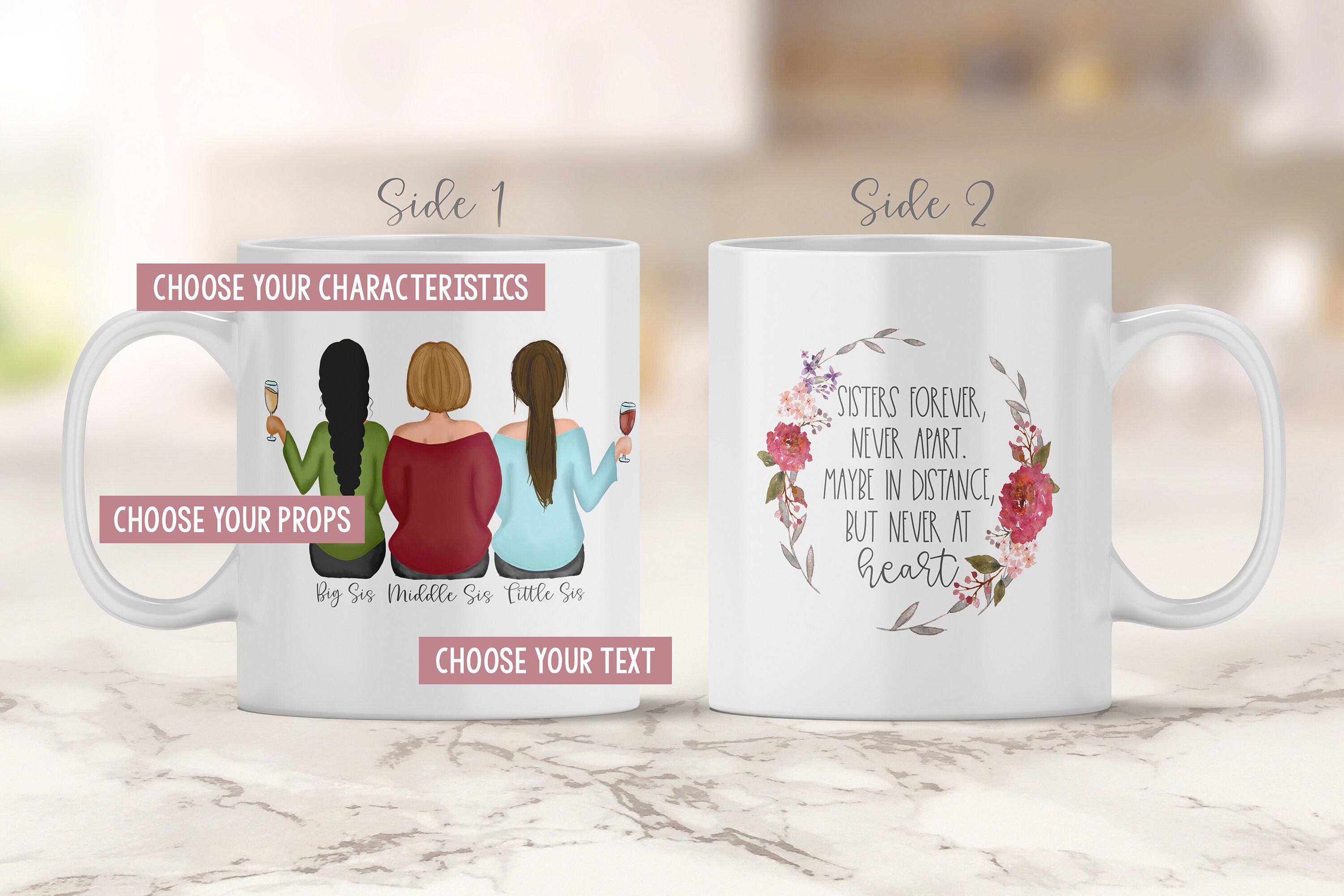 Sisters Mug - Long Distance Sisters - Customizable Sisters Mug - Sister  Drawing Mug - Women Drawing - Girl Drawing - Personalized