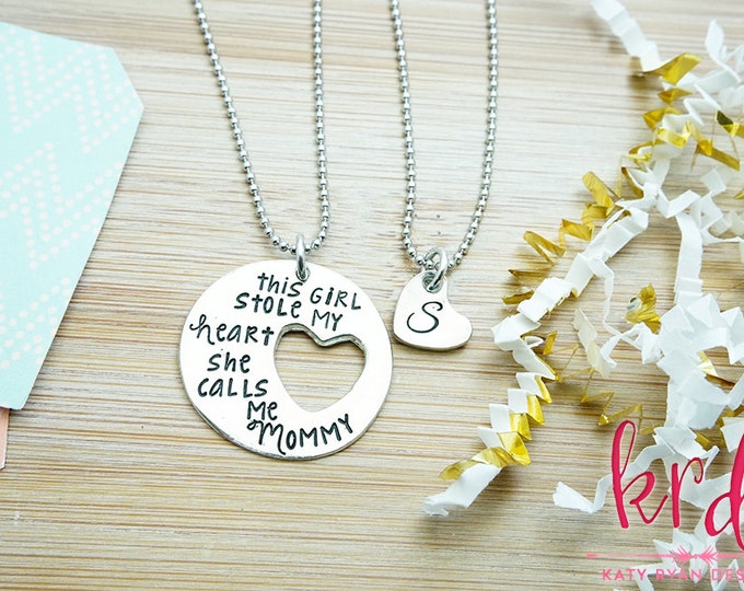 Mother Daughter Necklace Set - This Girl Stole my Heart She Calls me Mommy - Mommy Jewelry - Hand Stamped Silver Pewter Necklace