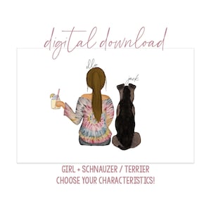 Girl with Schnauzer Artwork - Digital Download - Personalized Girl with Dog - Dog Mom Gift - Dog Mom Portrait - Airedale Terrier