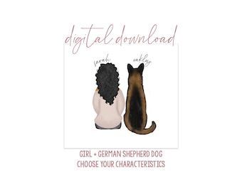 Girl with German Shepherd Artwork - Digital Download - Personalized Girl with Dog - Dog Mom Gift - Dog Mom Portrait - GSD