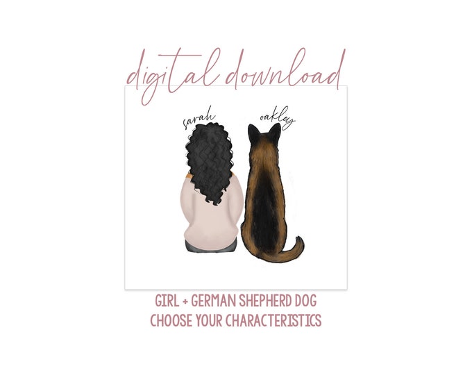 Girl with German Shepherd Artwork - Digital Download - Personalized Girl with Dog - Dog Mom Gift - Dog Mom Portrait - GSD