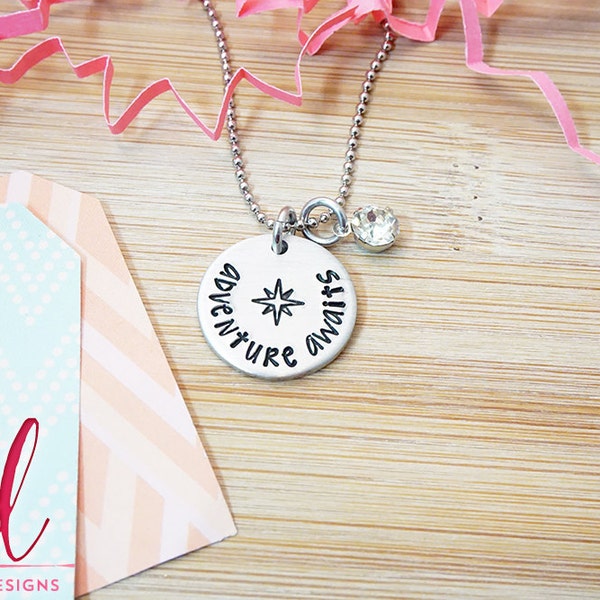 Adventure Awaits Necklace - Back to School Gift - College Graduation - Travel Jewelry - World Traveler - Silver Hand Stamped Necklace