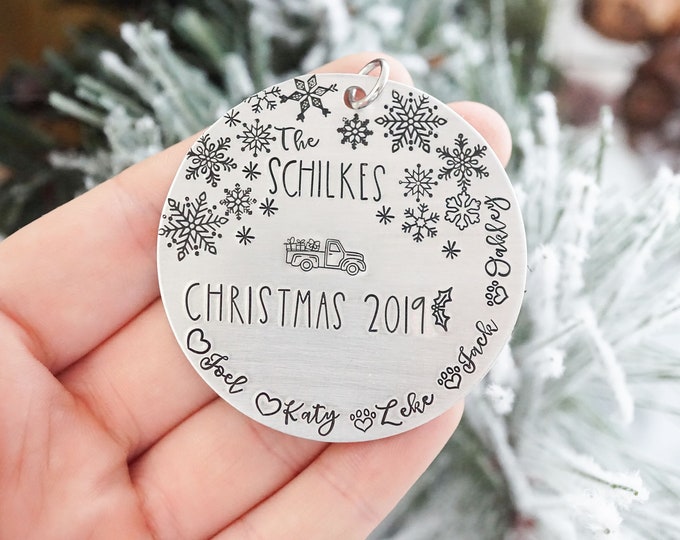 Family Name Christmas Ornament - Custom Ornament - Christmas Ornament - Hand Stamped - Silver Tree Decorations - Family Ornament - Yearly
