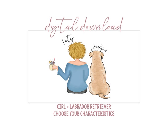 Girl with Labrador Retriever Digital Artwork - Digital Download - Dog Mom Portrait - Dog Portrait - Yellow Chocolate Black Lab