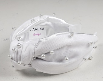 The Pearl Knotted Headband - Knotted Headband, Bridal Headband, Hard Knot Headband, White Headband, Wedding Headband, Elegant Headband