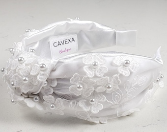The Daisy Knotted Headband - Knotted Headband, Bridal Headband, Hard Knot Headband, White Headband, Wedding Headband, Elegant Headband