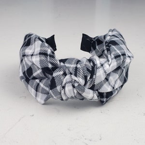 The Mary Flannel Knotted Headband - Knotted Headbands, Plaid Headbands, Hard Knot Headband, Black Gray White Headband