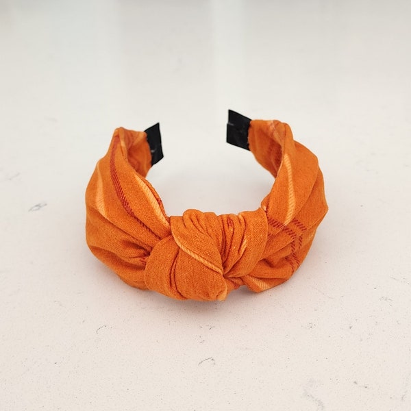 The Amber Knotted Headband - Knotted Headband, Plaid Headband, Hard Knot Headband, Orange Headband, Flannel Headband