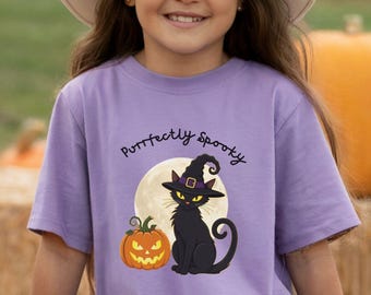 Camiseta juvenil de gato negro perfectamente espeluznante / Calabaza de Halloween Luna
