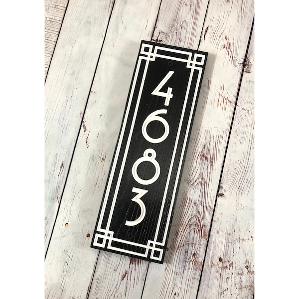 Art Deco address sign, Vertical Address Sign, Wood Grain House Number Sign, Housewarming Gift, Outdoor Address Plaque, Street Number Sign