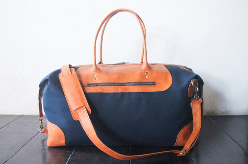 Waxed canvas and leather weekend and travel bag for men and women. Handmade carry on duffel and travel bag. Anniversary gift in navy blue image 1