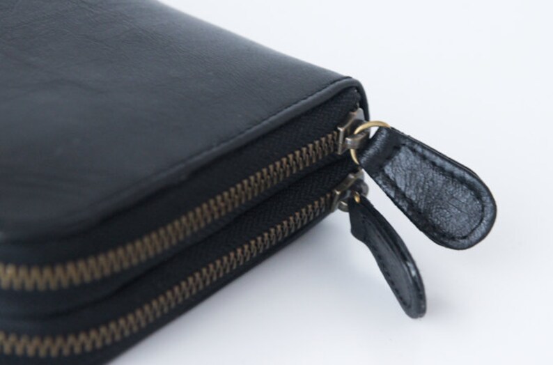 Genuine leather double zip around wallet ALL GENUINE LEATHER Wallet Black Leather creme leather lining Ladies Wallet brass zipper