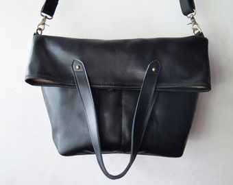 Messenger bag with folded top that can convert in to tote bag, laptop bag in genuine leather for men and women in black