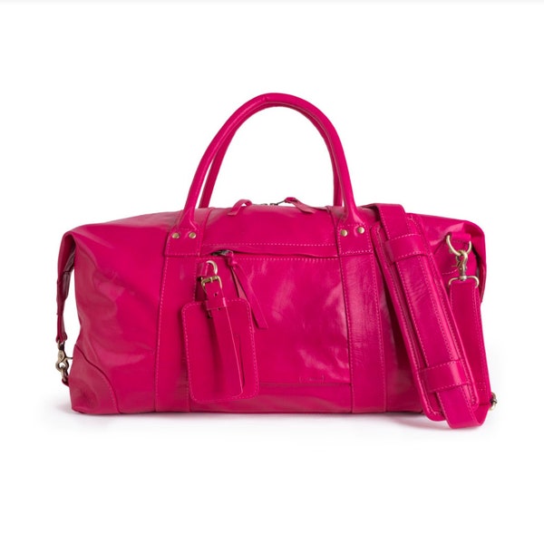 Leder Wochenend- und Reisetasche für Männer und Frauen. Handgemachte Reisetasche und Reisetasche für Frauen, einzigartiges Geschenk zum Jahrestag in Pink