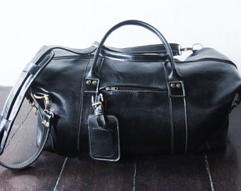 Handmade Black Leather Weekender Bag, Carry On Duffle, Anniversary Gift