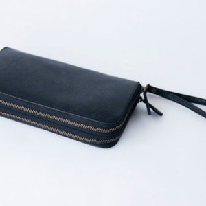 ALL GENUINE LEATHER Wallet Black Leather / tanned leather lining / Ladies Wallet - Genuine leather double zip around wallet with wristband