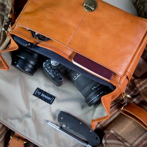 DSLR Camera Bag with Insert and casing. shoulder camera bag for men and women in shops leather with canvas lining in light brown. Anniversary gift