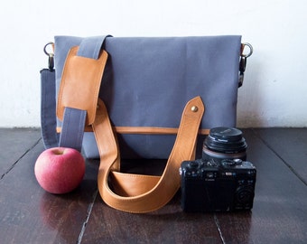 DSLR Camera Bag with Insert, Fold Over, waxed canvas messenger bag, tote, waxed canvas with black leather details, unisex, Black SMALL