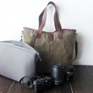 Dslr Camera Bag with Insert, Leather camera shoulder bag, Tote bag for women, Leather with canvas lining, cross body bag, gift for her