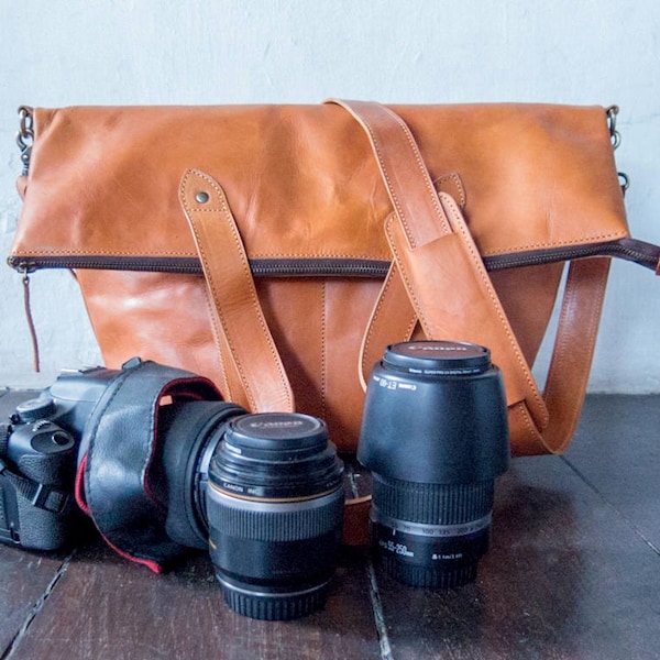 Leather Dslr Camera Bag with insert and with shoulder strap, Tote bag, Crossbody leather messenger bag, both for him or her, gift, unisex