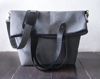 Canvas Messenger Bag with Leather Trim - Convertible Tote Bag
