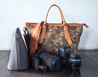 Dslr Camera Bag with Insert, Leather camera shoulder bag, Tote bag for women, Leather and canvas, cross body bag, gift for her, Camouflage