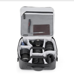 LARAT Large - Inserto para estuche de cámara fabricado en cuero genuino, protección para DSLR, cámaras sin espejo, organizador de lentes y pequeños equipos