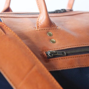 Waxed canvas and leather weekend and travel bag for men and women. Handmade carry on duffel and travel bag. Anniversary gift in navy blue image 3