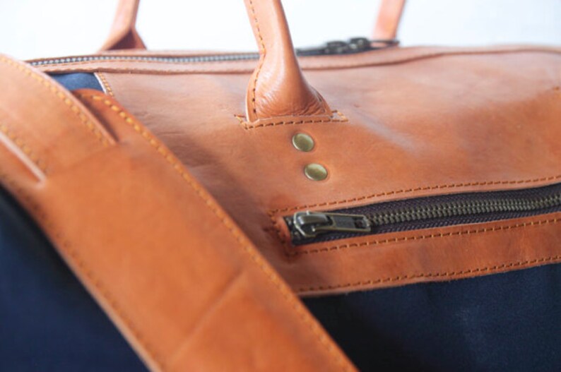 Waxed canvas and leather weekend and travel bag for men and women. Handmade carry on duffel and travel bag. Anniversary gift in navy blue image 3